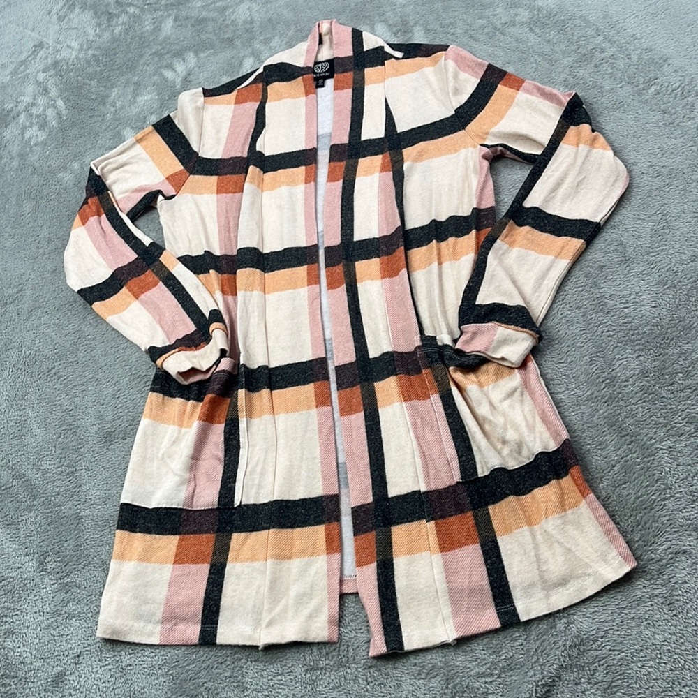 NEW Bobeau XS Open Long Cardigan Duster Plaid White, Pink Multicolor‎